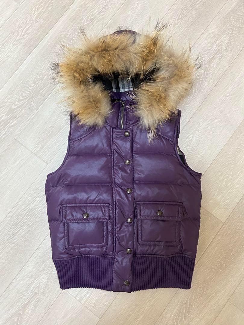 Burberry London Blue Label Down Vest Fur Hood Removable Size 38