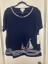 NWT Women’s Alfred Dunner Embellished Short Sleeve Top Sailboats Beaded Size L  