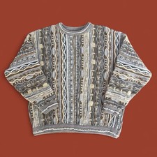 Vintage 90s Coogi Mulga Brown Grey Off White Heavy Cable Knit Wool Sweater XL