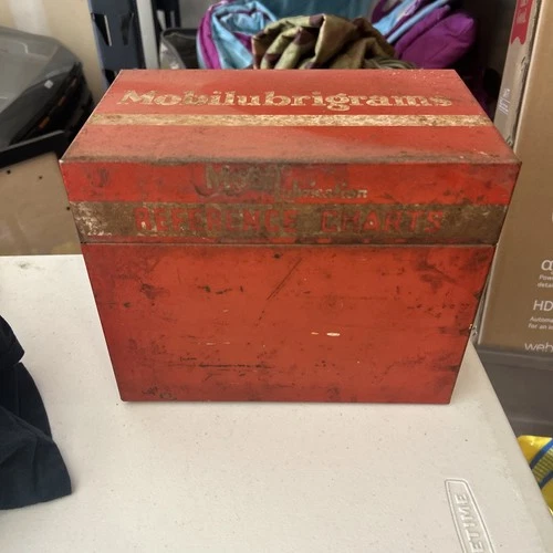 VINTAGE MOBIL GAS STATION LUBRICATION REFERENCE CHARTS SIGN BOX MOBILUBRIGRAMS