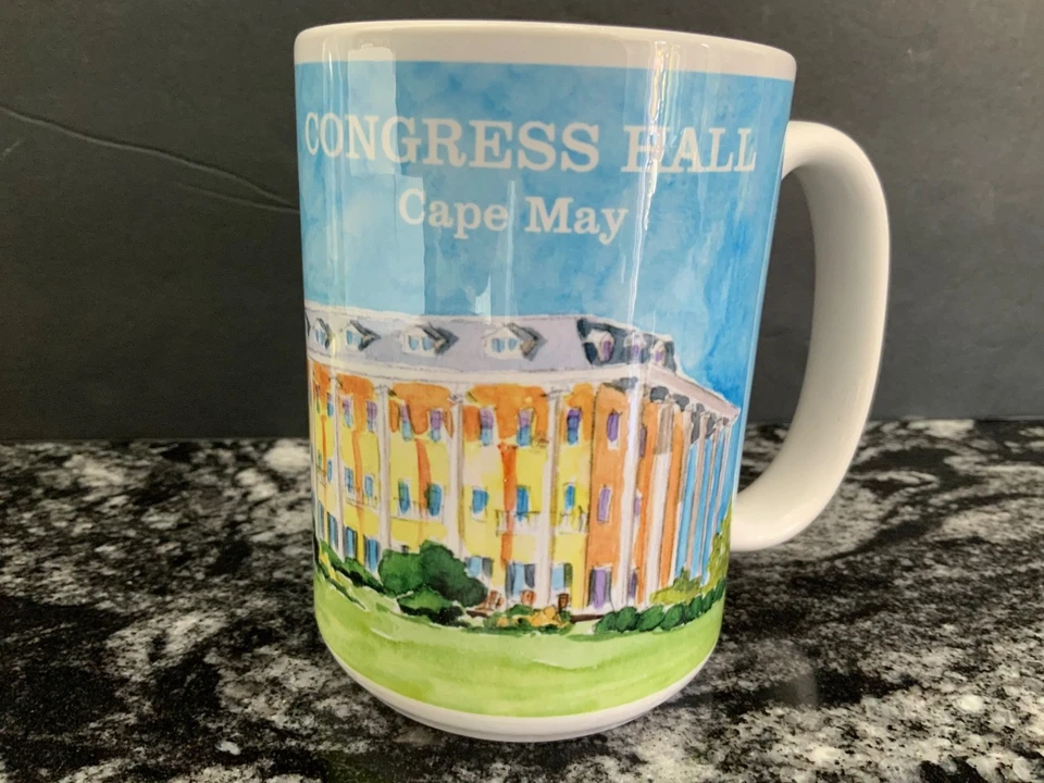 CONGRESS HALL watercolor Coffee Mug Cape May NJ Charming! EUC with tag - Image 2 of 4