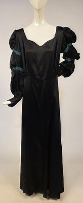 LUXURY 1930 S BLACK LIQUID RAYON DRESS WITH GABRIELLE SLEEVES W LAME EDGING