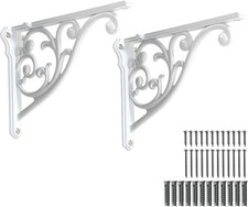 2 Pack 8 Inch White Ornate Heavy Duty Decorative Metal Wall Brackets for Shelves