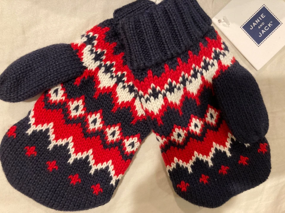 4 5 T Janie and Jack Azul Marino Rojo Fair Isle Suéter Gorro Mitones Nuevo Foto 3 de 4