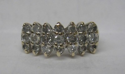 10K Yellow Gold 3-Row 1.00 Natural Diamond Band Wide Pyramid Ring Size 6