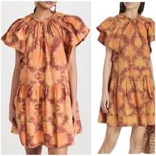ULLA JOHNSON Isolde Dress, Size 2 /XS-S, Red Topaz Cotton Tie Dye Ruffle Sleeve