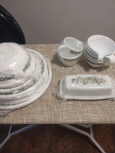 Vtg Corelle Spring Blossom Green "Crazy. Daisy" Lot – Pyrex Butter Dish, Platesl