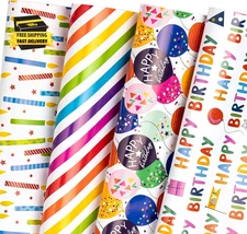 Birthday Wrapping Paper Sheet - 12 Sheets Folded Flat with 12 Gift Tags for Part