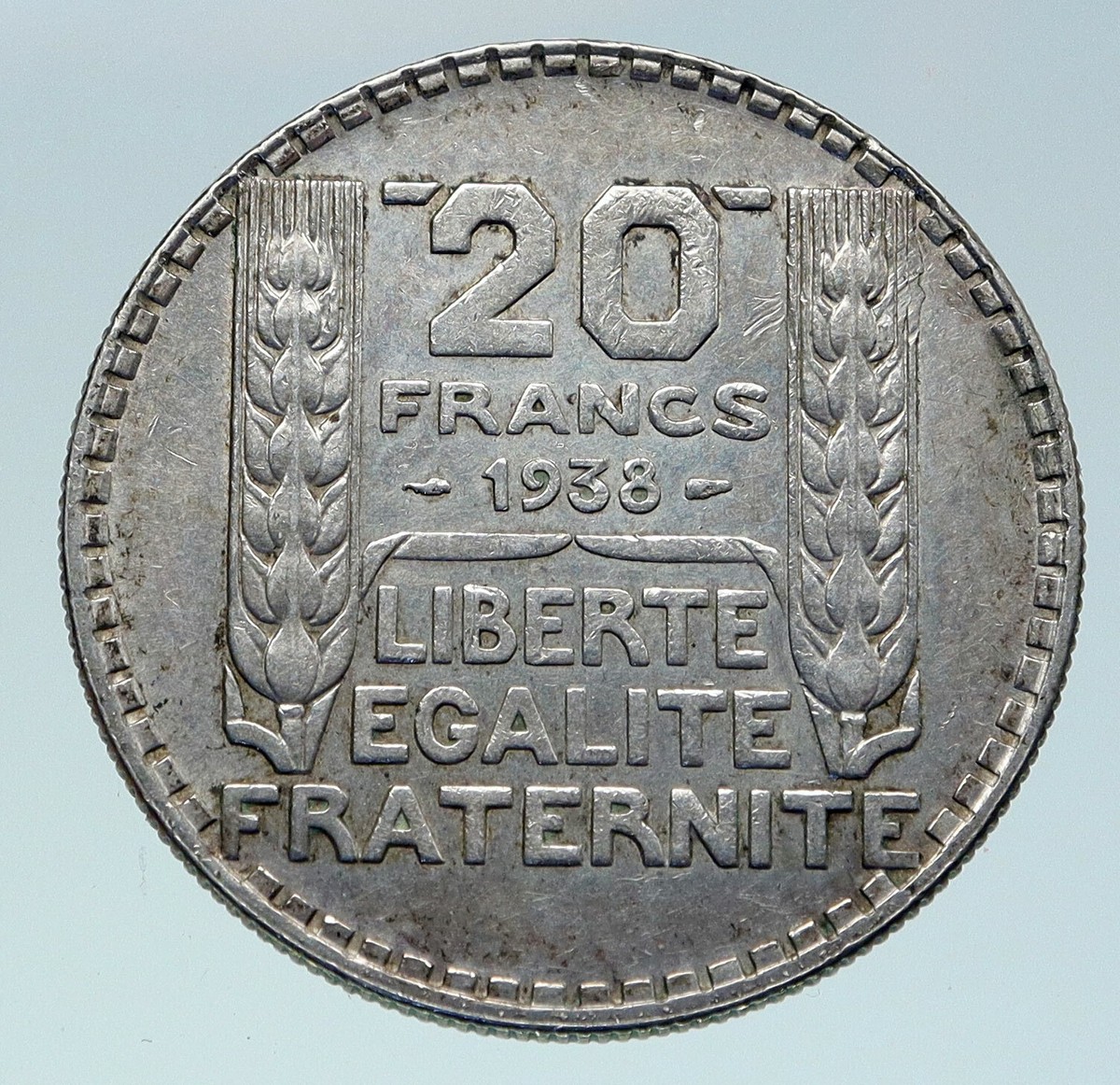 1938 FRANCE Vintage French LIBERTY MOTTO Old Large Silver 20