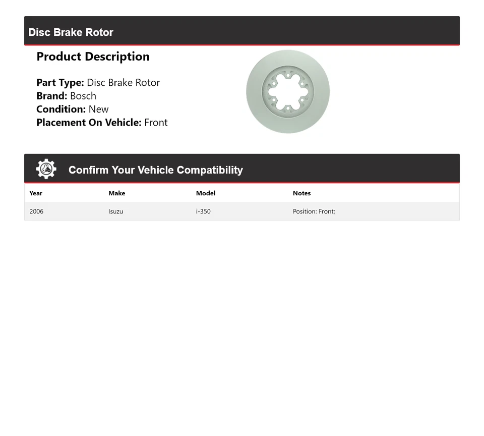 Передний дисковый тормоз с ротором для 2006 Isuzu i-350 Bosch QuietCast - Изображение 2 из 4