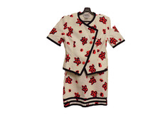 Vtg Carlisle 2 pc Blazer pencil Skirt Suit Bold Red Black flowers off White 10