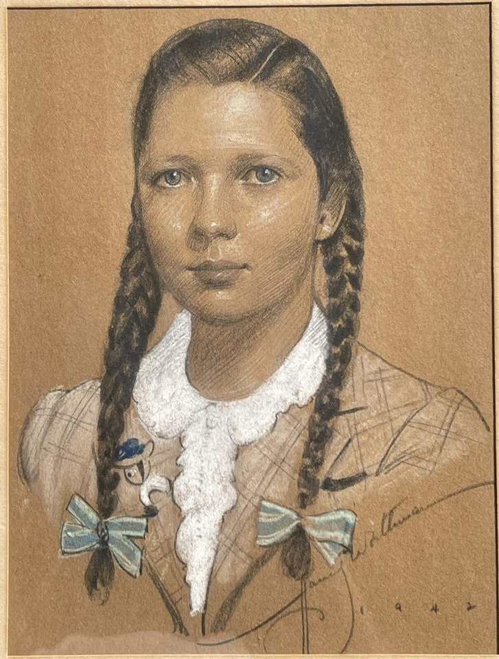Firmado y fechado (1942) pastel y grafito retrato de una niña por Harry Worthman Foto 2 de 4