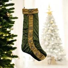 Villa Bacci Regal High End GREEN GOLD Tapestry Large 25" Christmas Stocking