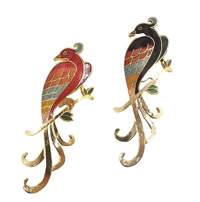Tropical Bird Brooch Pin Pair Set Red Black Cloisonne Enamel Paradise Gold Tone