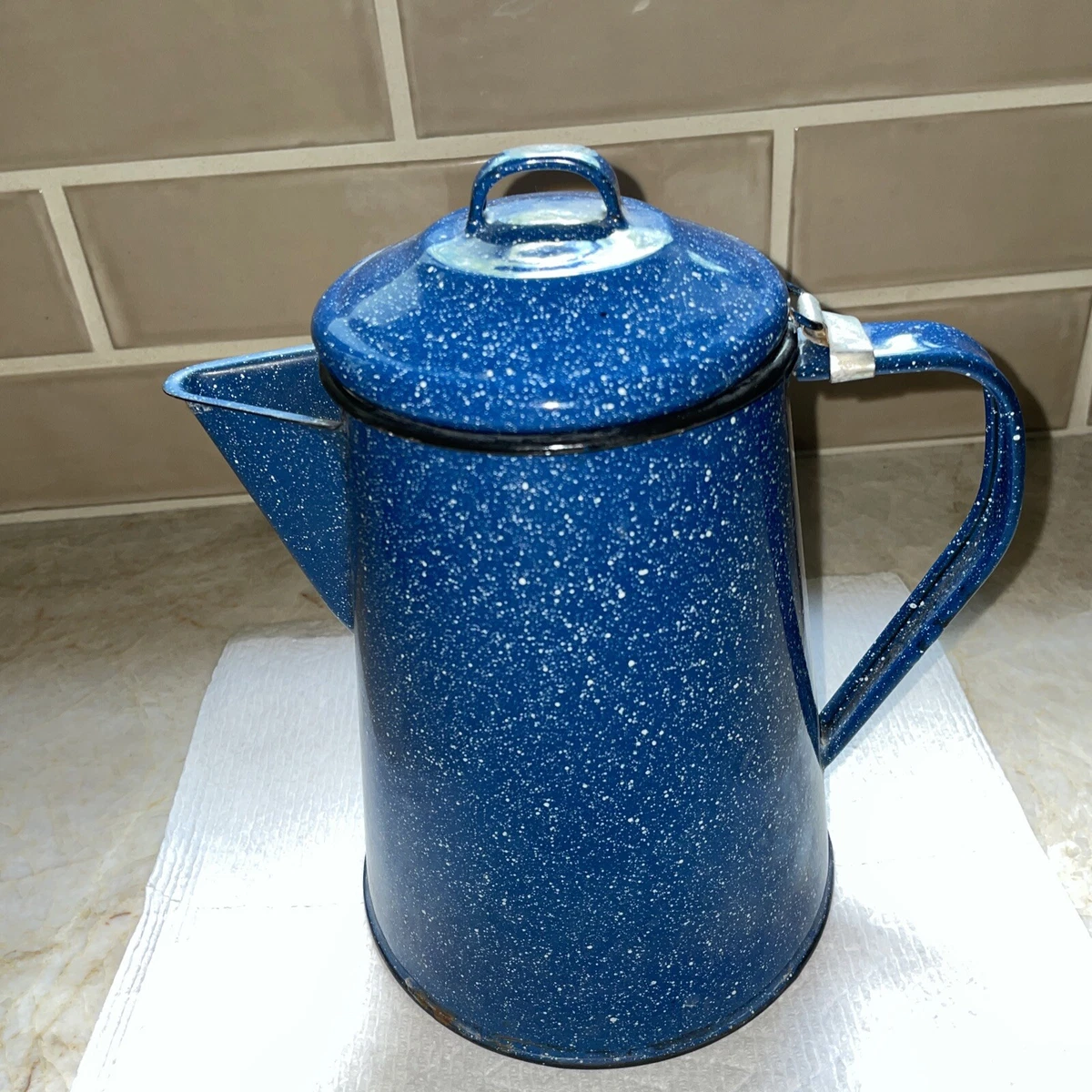 Vintage Small Blue Enamel Granite Ware Coffee Pot Speckled With White