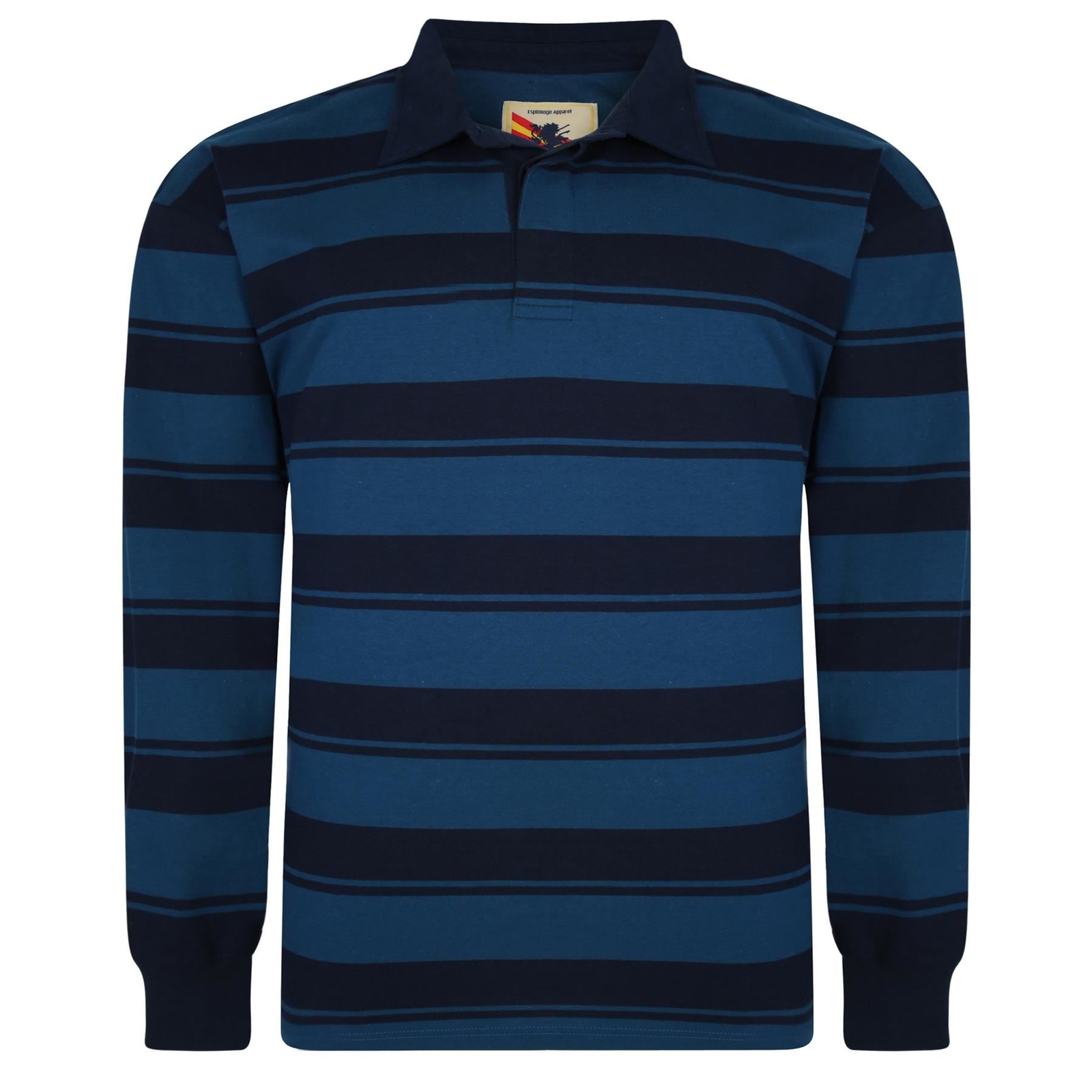 Espionage Hombre Talla Grande Rayas Manga Larga Polo Rugby Azul Marino Negro 2XL