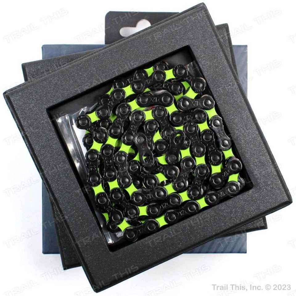 Cadena de bicicleta KMC DLC 12 velocidades negra y verde 126 eslabones X12 para MTB de carretera SRAM Shimano Foto 2 de 4