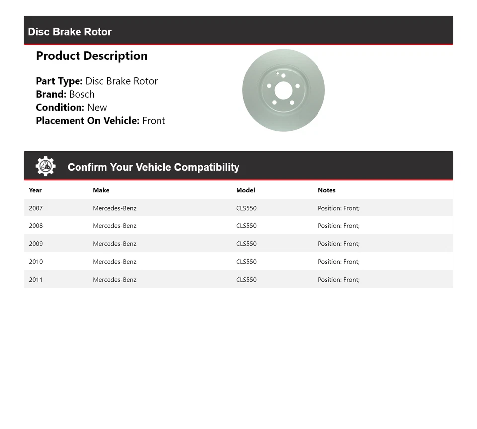 Rotor de freno de disco delantero para Mercedes CLS550 2007-2011 Bosch QuietCast 2008 2009 Foto 2 de 4