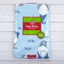 Holiday Vinyl Tablecloth 60 inch Round Winter Gnomes Party Blue