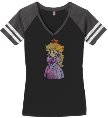 Women's Princess Peach Super Mario T-Shirt Ladies Tee Shirt S-4XL Bling V-Neck