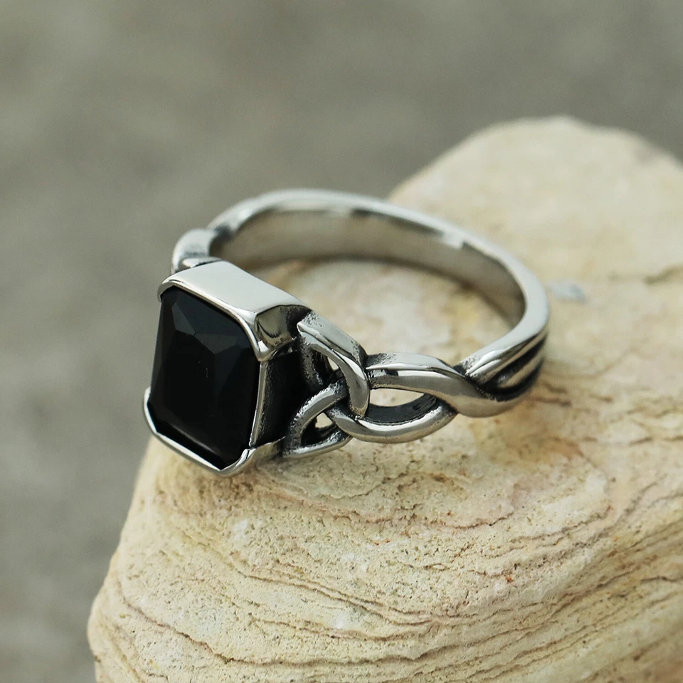 Anillo retro de boda vintage nudo celta piedra circonita negra acero inoxidable talla 7-13 Foto 2 de 3
