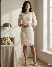 NWT ELIZA J Ivory Overlay Lace Sheath Dress Sz 12- 3/4 Sleeve Cocktail Classic