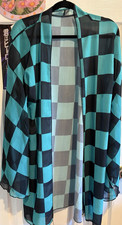 Women  s Sheer Open-Front Kimono Cardigan Polyester Turquoise/Black Check M