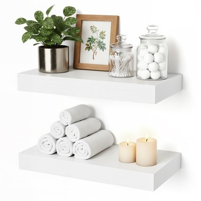 2 Small White Wooden 1.5 Inch Thick Floating Shelves For Bathroom Bedroom Wall