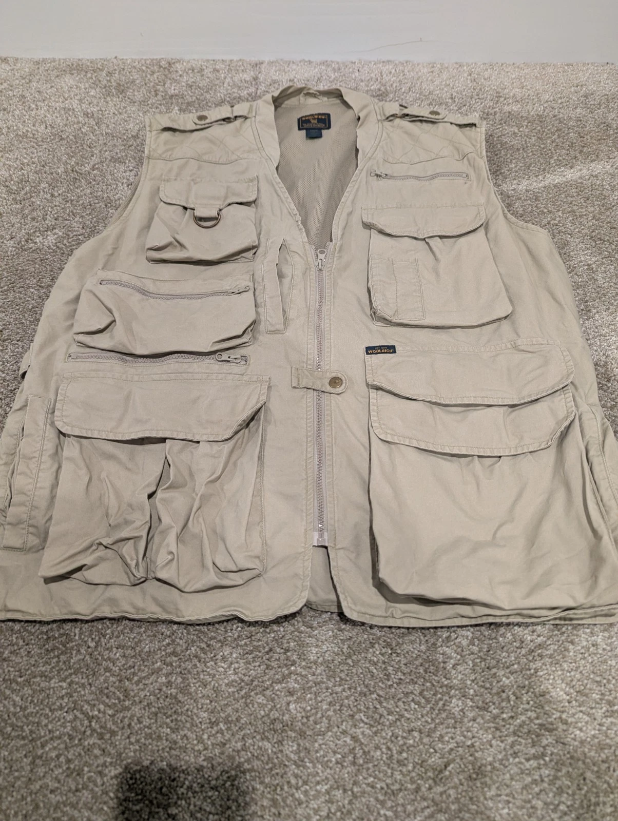 Woolrich Utility Fishing Vest Khaki Tan Multi Pocket Cargo Mens XL Vintage