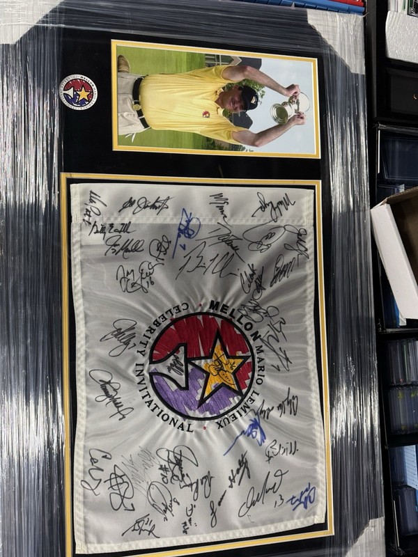 OBO: Mario Lemieux Celebrity Golf Tournament Pin Flag with 34 Autographs Framed