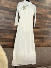 New Ao Dai Vietnamese Long Dress Set White Satin Hand Embroidered Size M