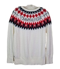 Tommy Hilfiger Fair Isle Sweater Cable Knit Spellout Soft Nordic Women Sz Large
