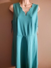 Talbot's Turquoise Sleeveless A Line Midi Dress Retro Scalloped V Neck Size 10P
