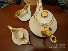 White and Gold Ceramic  Porcelain Tea Set with Teapot, Creamer, Sugar Bowl