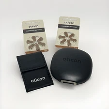 Black Oticon Hearing Aid Case Plus Soft Pouch And Batteries