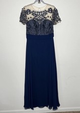 JS Collections Dress Womens 12 Blue Floral Embroidered Chiffon Maxi Formal Gown