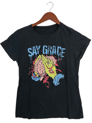 Say Grace Zombie Brain Graphic T Shirt Womens M Black Horror Halloween Tee