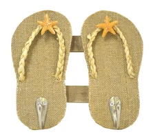Sandy Flip Flops and Starfish Double Wall Hooks Burlap and Wood