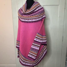 Peruvian Soul Alpaca Blend Poncho Wrap Shawl Colorful Trim Boho Chic with sleeve