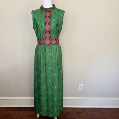 Emilio Borghese Roma Vintage Green  Floral Maxi Dress Boho 60s 70s Size 10