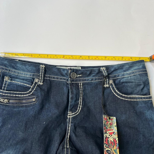 Pantalones de mezclilla Ed Hardy para mujer azules pierna recta bordados estrás alas W 34" - Imagen 8 de 19