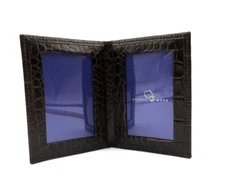 Bifold Frame MINI Holds Two 2x3" Photos Leather Graphic Image Brown Crocodile