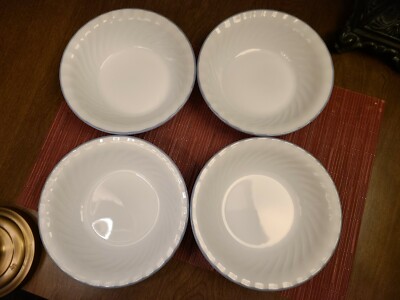 Corelle by Corning Pink Trio BOWLS Set of 4 Blue Rim Swirl Cereal Soup 7.25''
