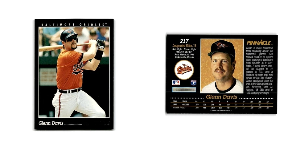 Glenn Davis 1993 Pinnacle #217 Baltimore Orioles Baseball Card NM - Image 3 of 3