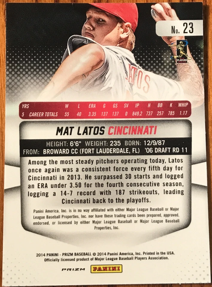 Alfombrilla Pulsar 2014 Panini Prizm Prizms roja blanca y azul Latos #23 Cincinnati Reds Foto 2 de 2
