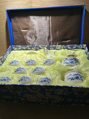 13 Pcs Porcelain Tea Set White with Cobalt Blue, Chinese Scene w/ Fancy Gift Box