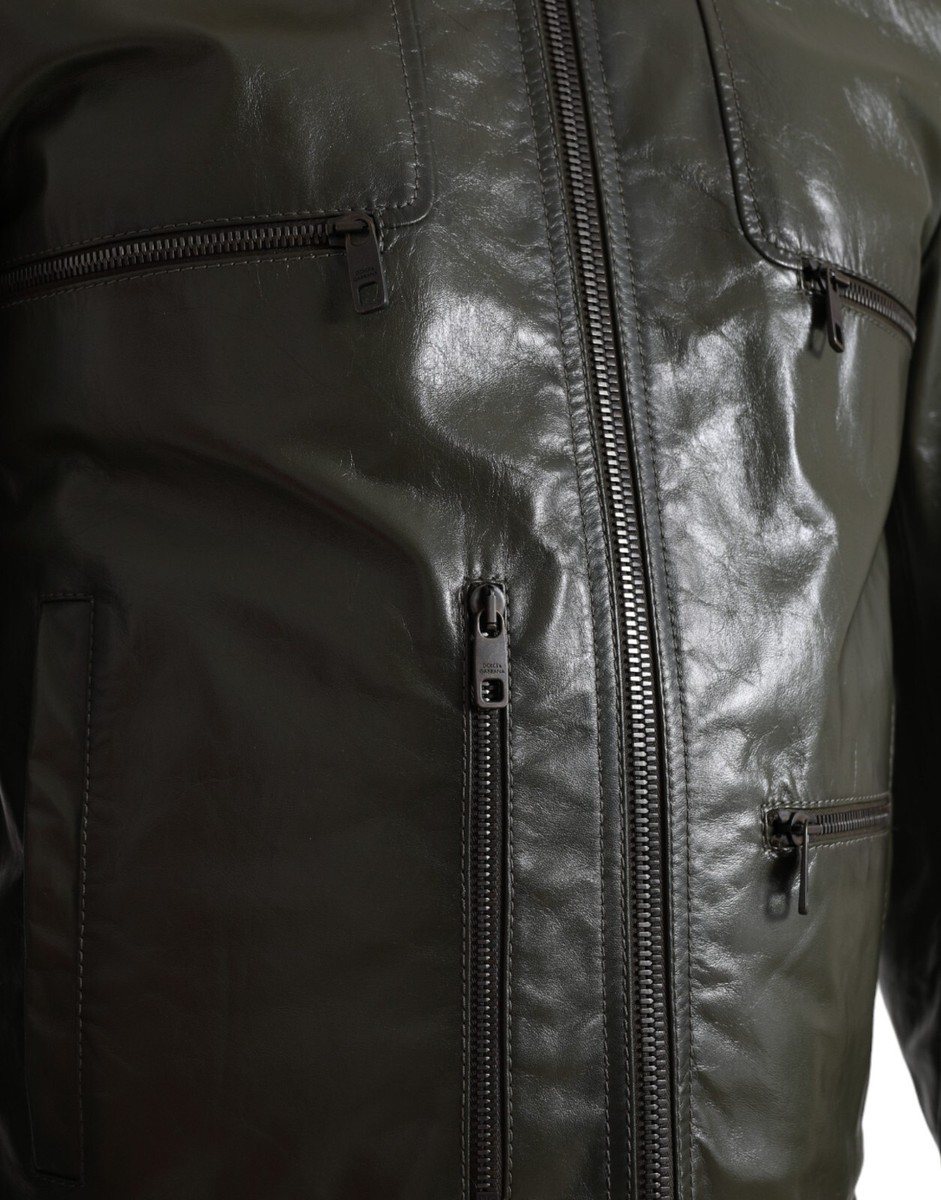 DOLCE & GABBANA Jacket Green Leather Collared Biker Full Zip