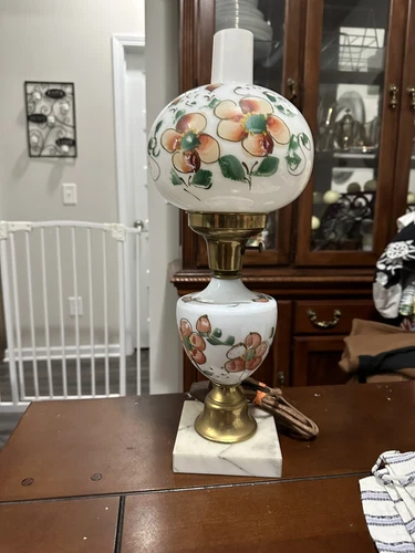 Vintage Milk Glass Hurricane Hand Painted Floral Electric Lamp Marble Base 14”