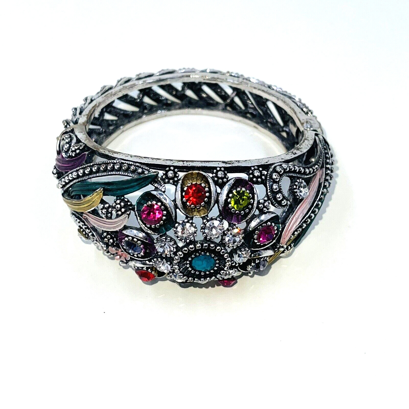 Rhinestone Hinged Bracelet Bangle Silvertone Red … - image 5
