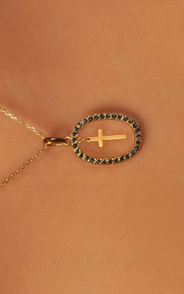 Colgante Cruz Zafiro Azul Simulado Corte Redondo 1.80 Ct Chapado en Oro Amarillo 14k Foto 2 de 4